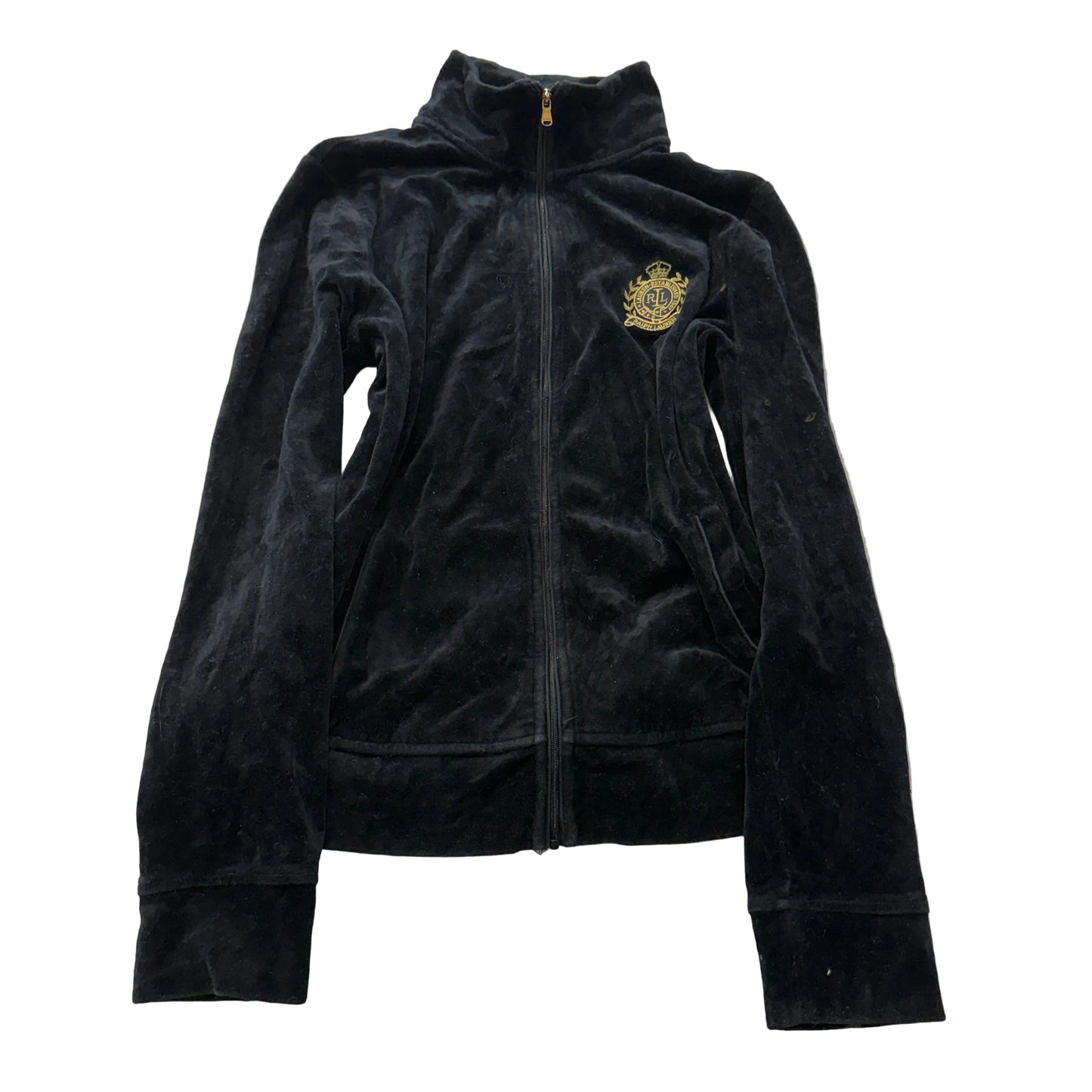 Ralph Lauren Active Women's Black Velour Zip-Up Track Jacket Gold Crest Logo - L