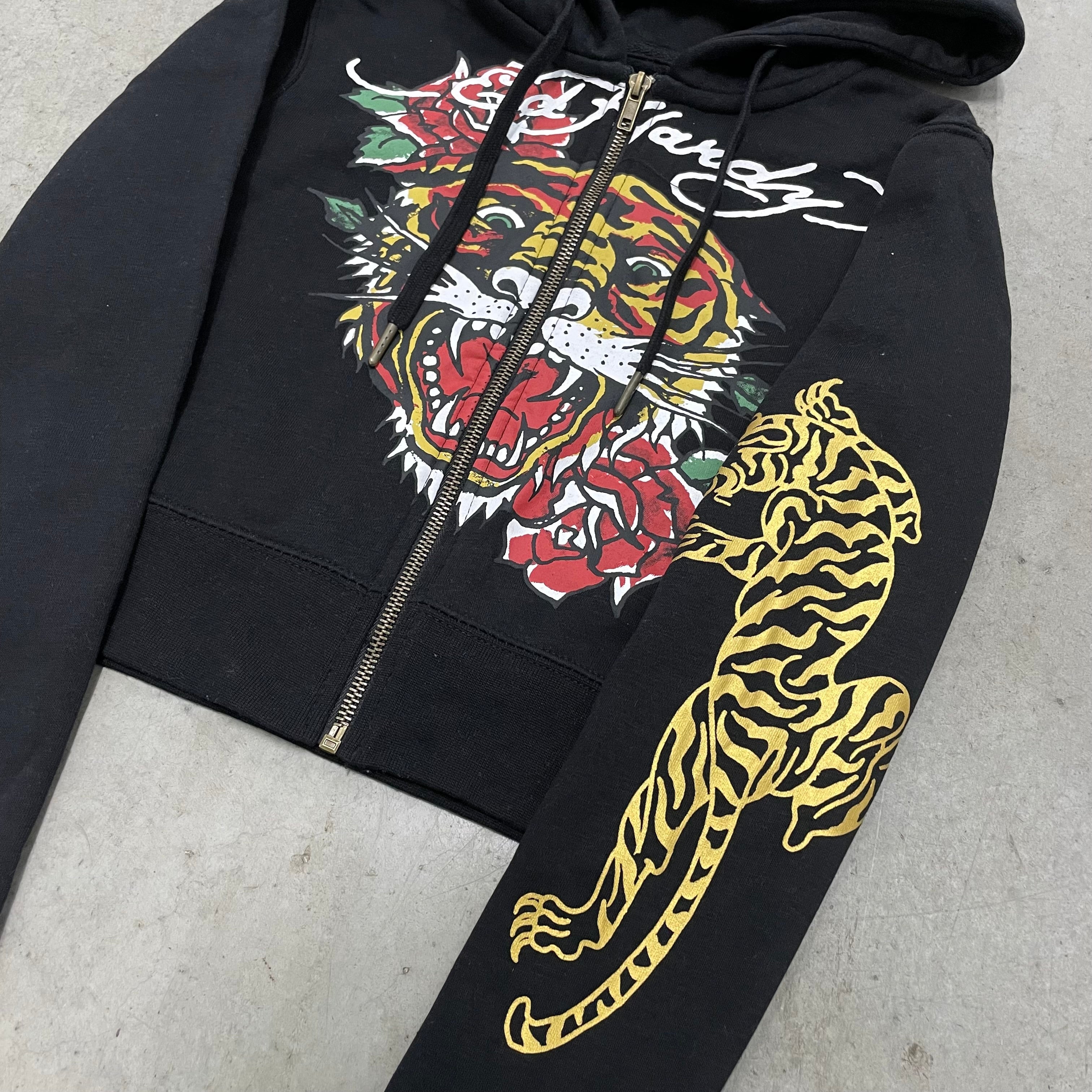 ED HARDY “tiger roar” black cropped zip up hoodie
