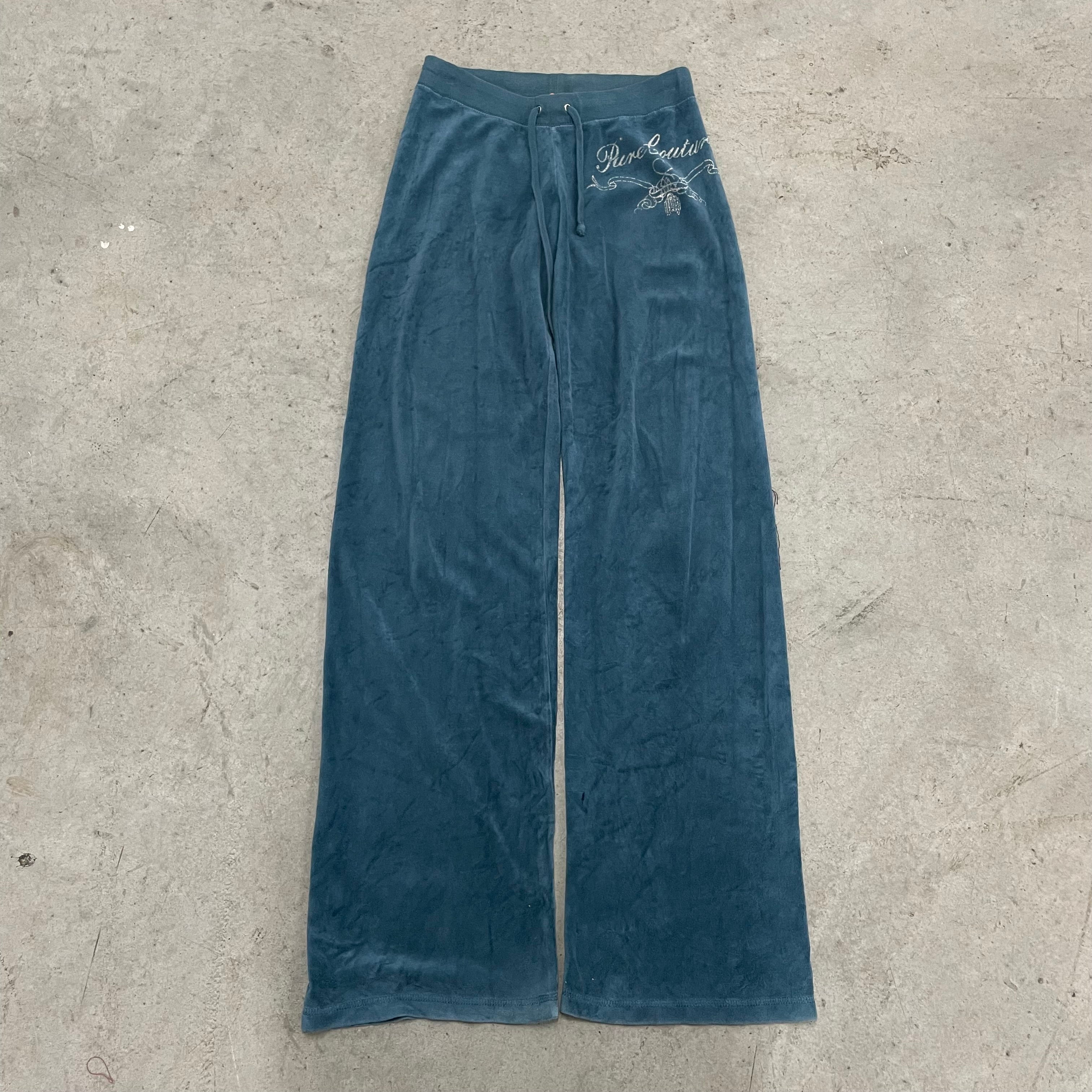 Vintage Juicy Couture Teal Velour Pants “Pure Couture” Design Size S