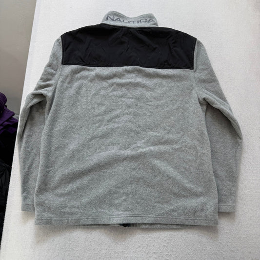 Nautica Men's Gray Fleece Full Zip Jacket Black Contrast Panel Mock Neck Size XL