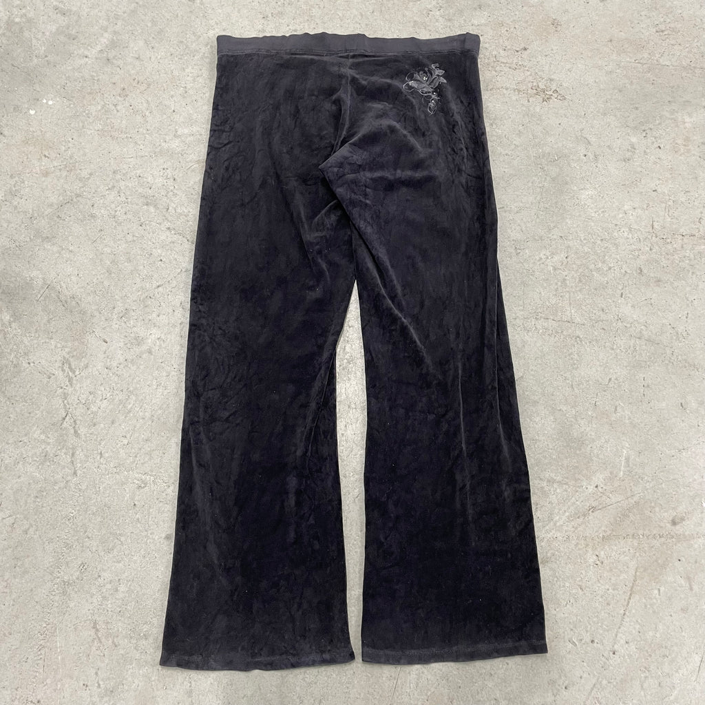 2003 Vintage Juicy Couture rhinestones flower design black velour flared pants size L