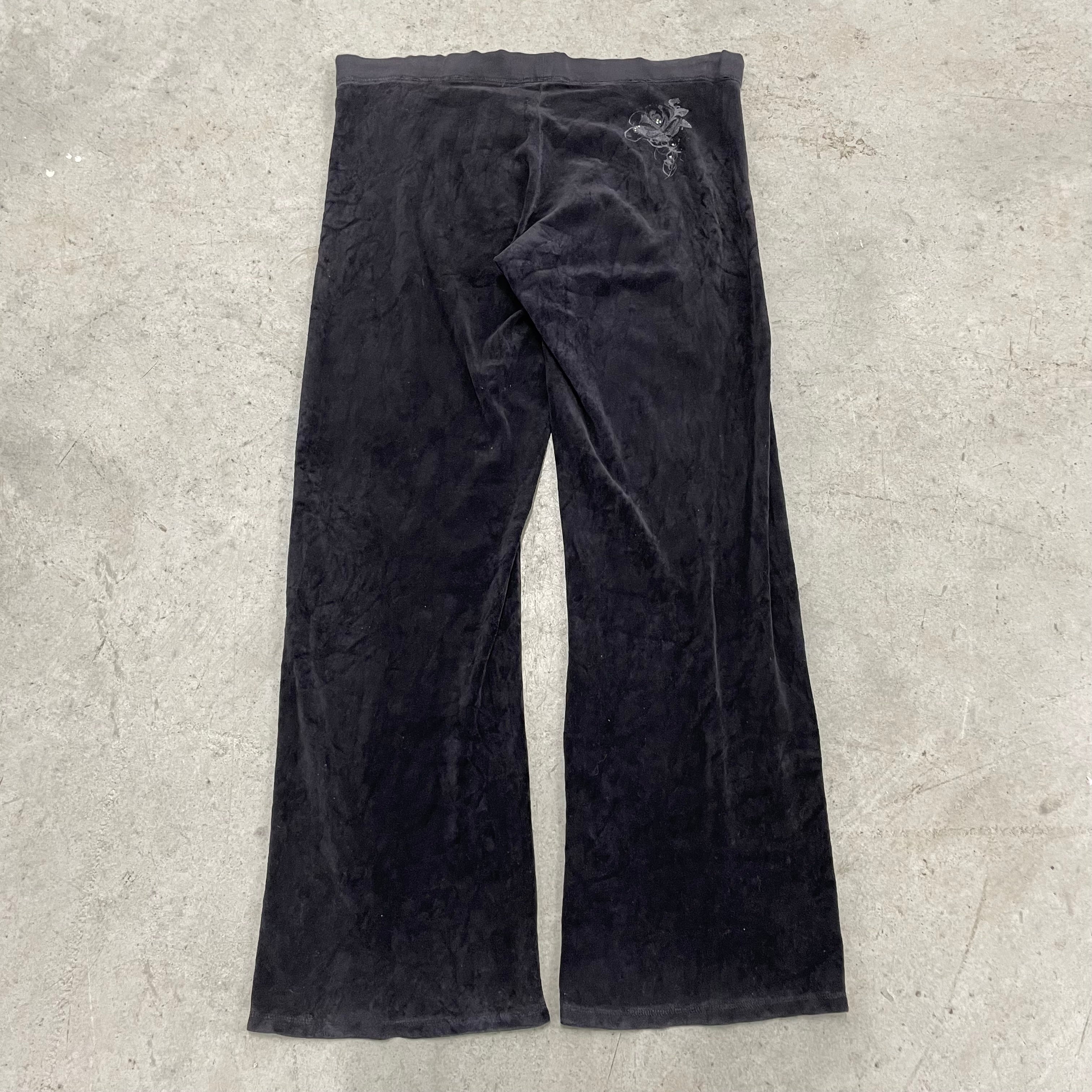 2003 Vintage Juicy Couture rhinestones flower design black velour flared pants size L