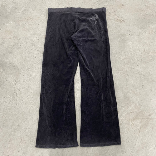 2003 Vintage Juicy Couture rhinestones flower design black velour flared pants size L