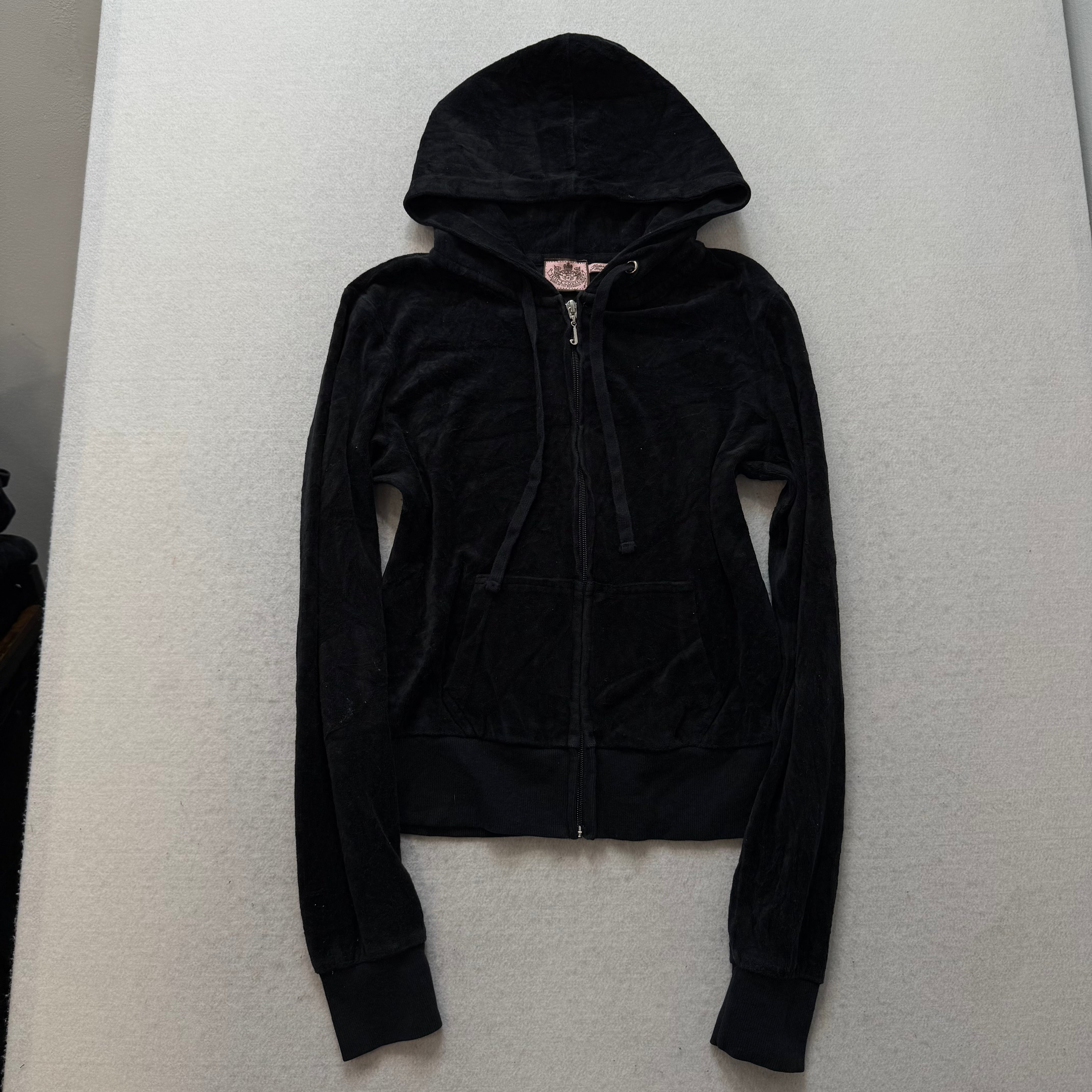 Juicy Couture Jet Black Velour Tracksuit Set Zip Up Hoodie & Flared Pant Size S