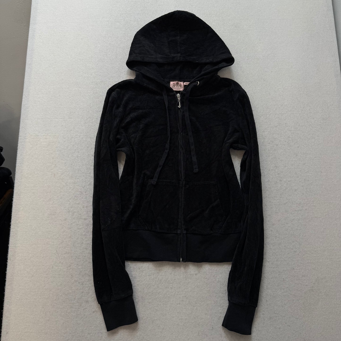 Juicy Couture Jet Black Velour Tracksuit Set Zip Up Hoodie & Flared Pant Size S