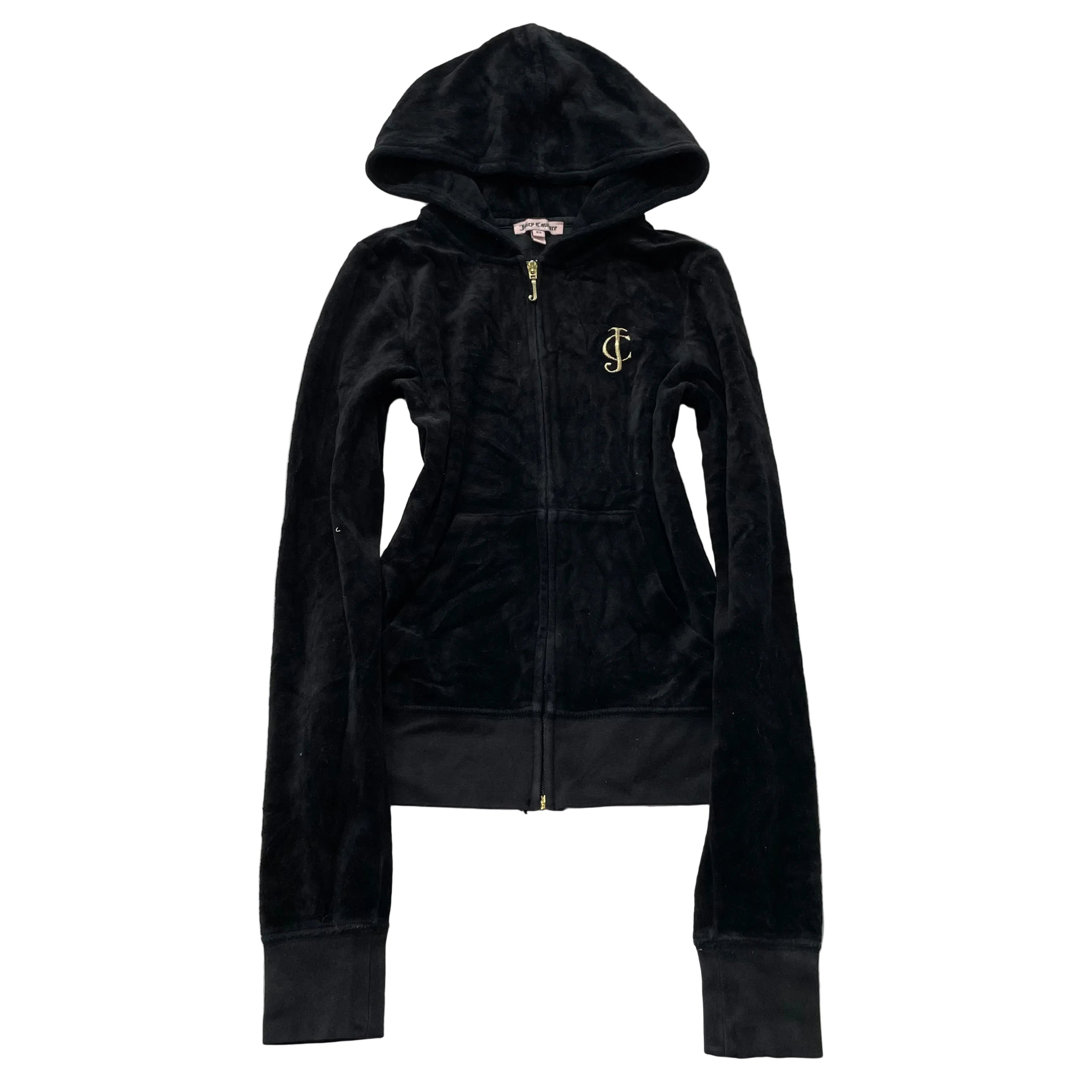 Juicy Couture Womens Black Velour Zip-Up Hoodie Pockets Embroidered Logo Size XS