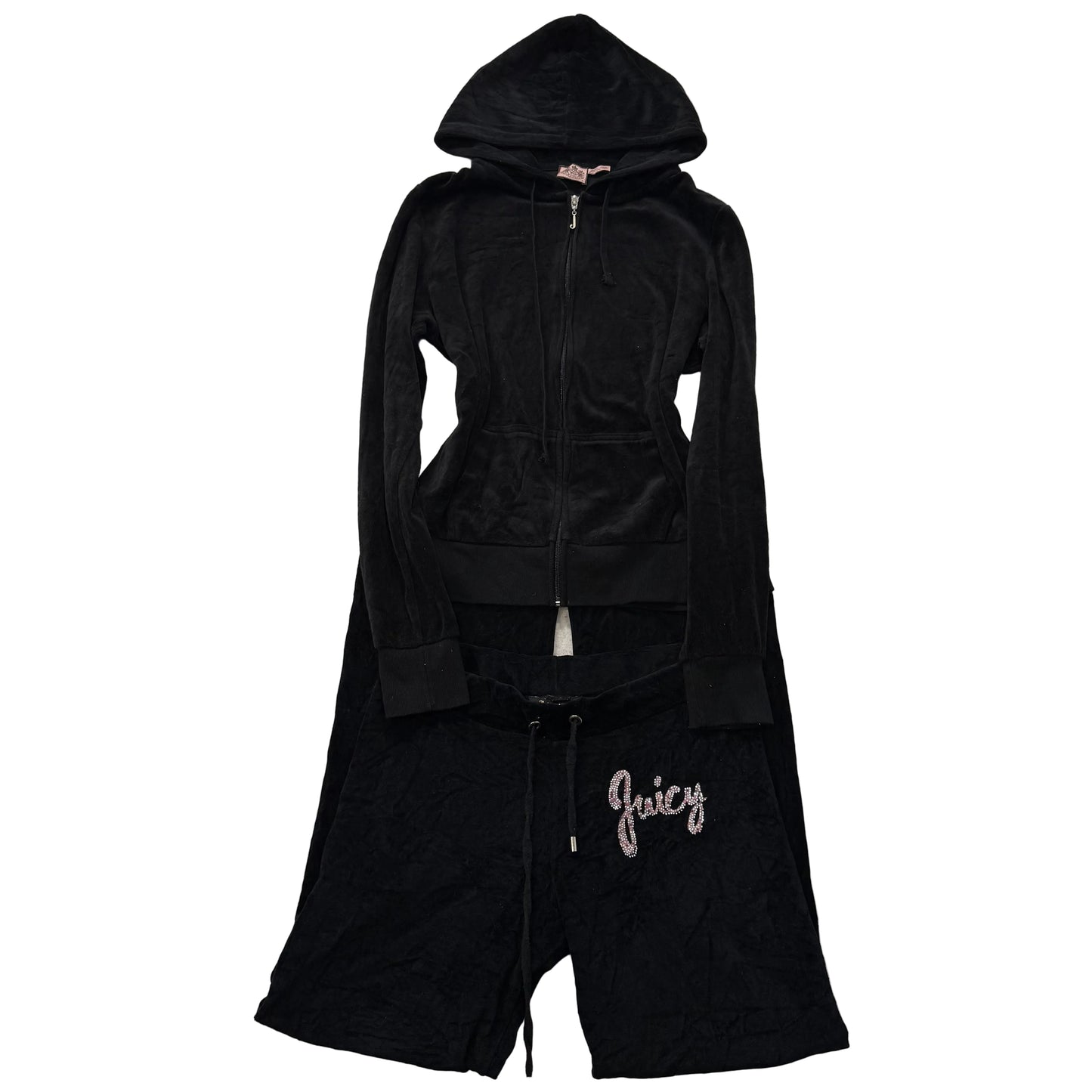 Juicy Couture Black Velour Tracksuit Set Zip Up Hoodie & Flare Pant Logo Size XL