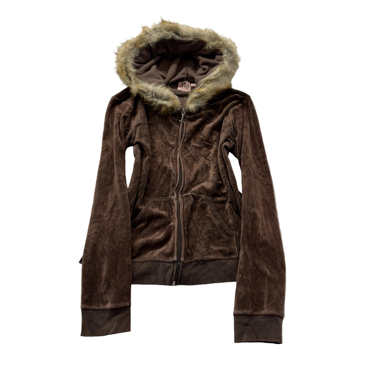 Juicy Couture Women's Brown Velour Zip-Up Hoodie Faux Fur-Trimmed Hood Size M