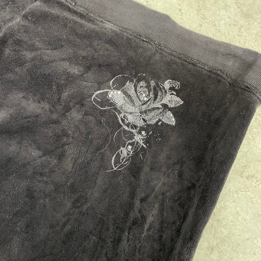 2003 Vintage Juicy Couture rhinestones flower design black velour flared pants size L
