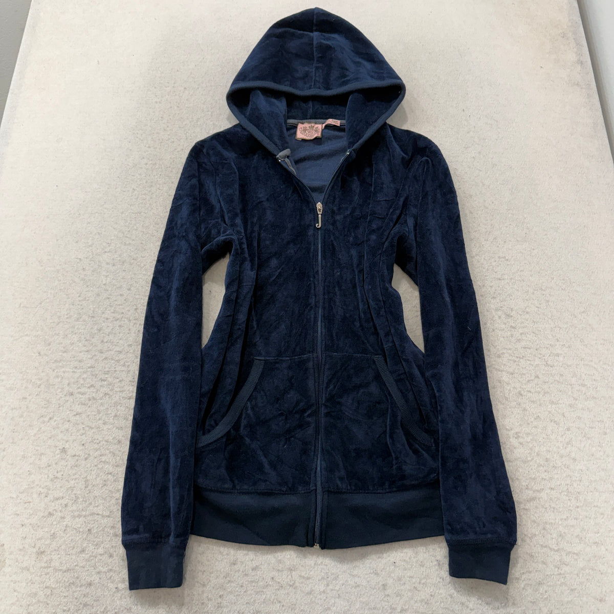 Juicy Couture Women's Navy Blue Velour Zip-Up Hoodie Butterfly Print Size XL