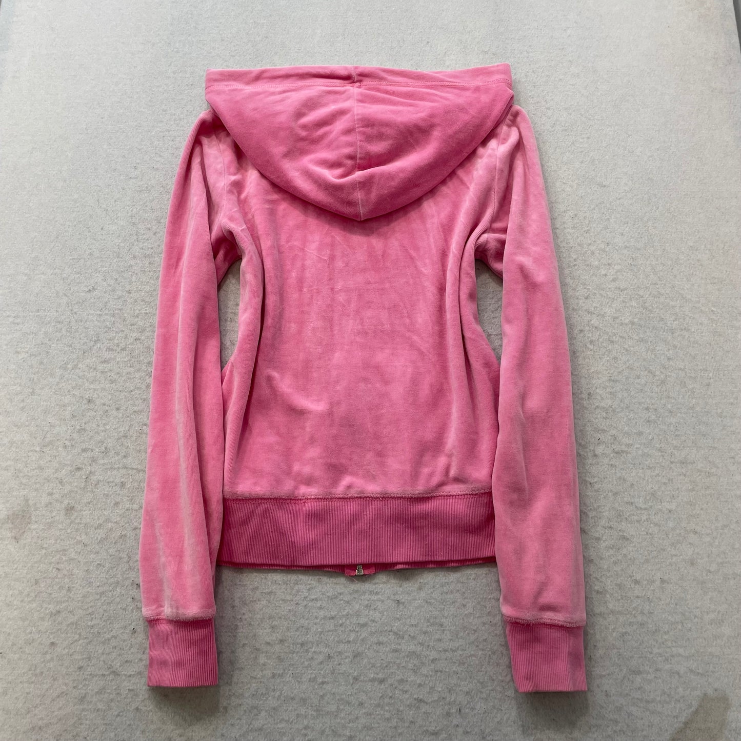 Vintage Juicy Couture Women's Pink Velour Zip-Up Hoodie Drawstring Pocket Size S