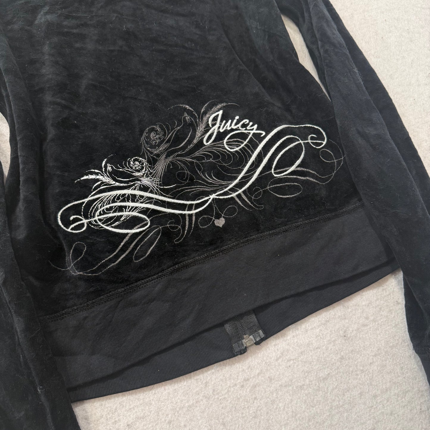 Juicy Couture Black Velour Tracksuit Set Zip Up Hoodie & Flared Pant Logo Size L