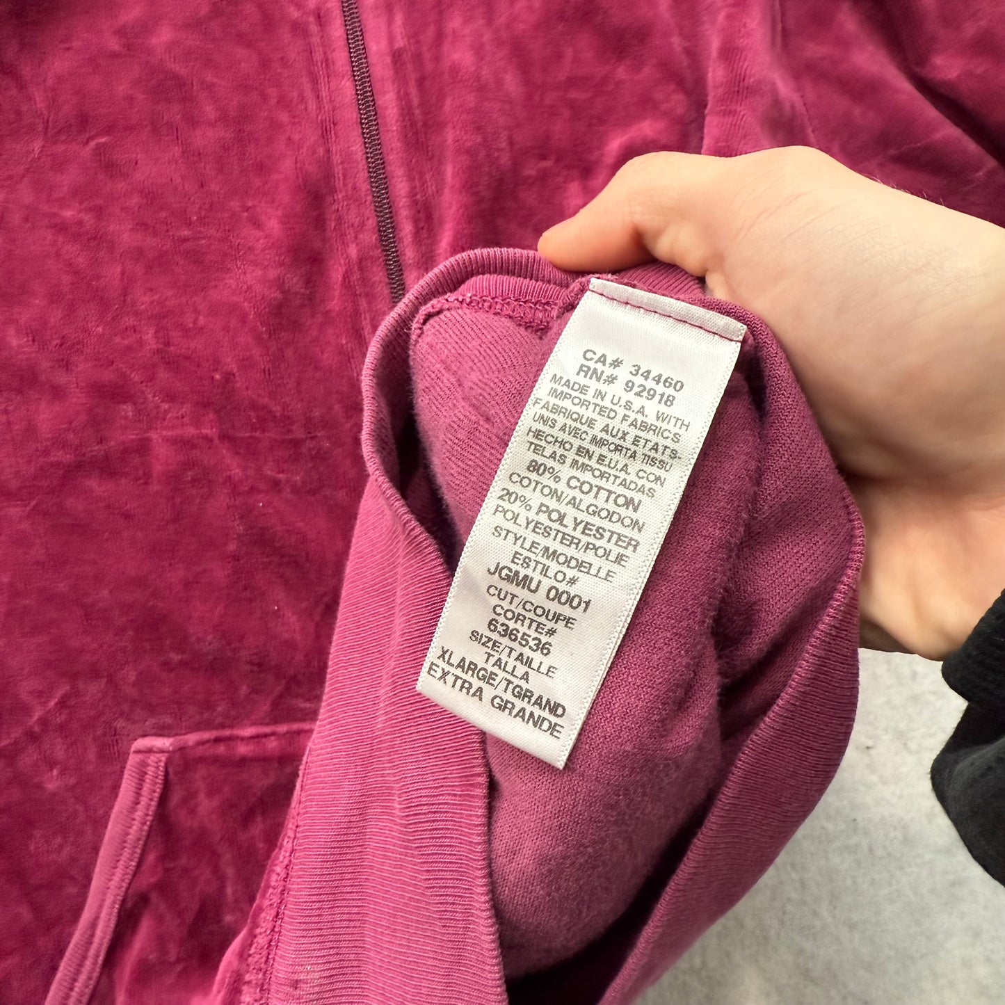 Juicy Couture Women's Berry Velour Zip Up Hoodie Split Kangaroo Pockets Size XL