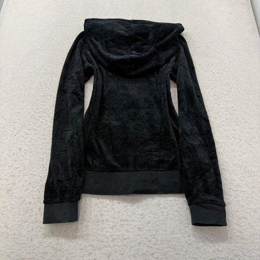 Juicy Couture Women Black Velour Zip-Up Hoodie Pockets Loungewear Classic Size M