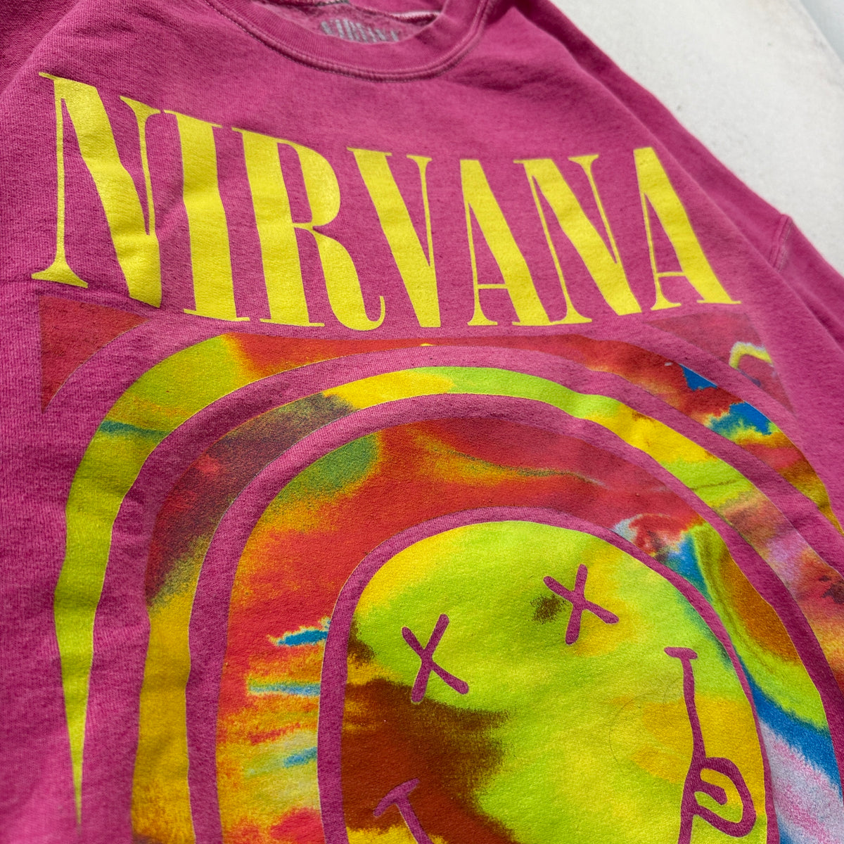 Nirvana Women's Hot Pink Fleece Sweatshirt Tie Dye Smiley Face Crewneck Size S/M