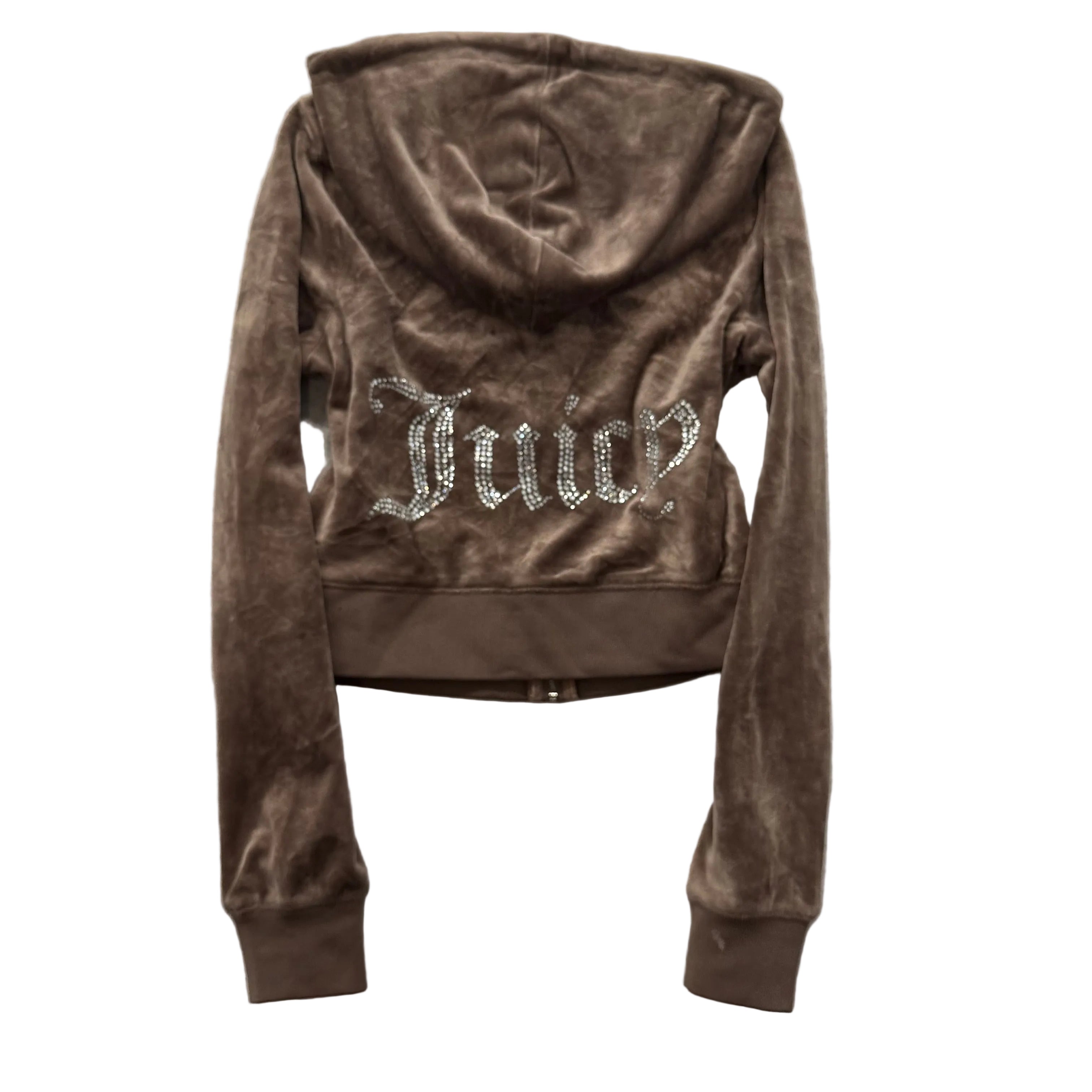 Juicy Couture Women's Brown Velour Zip-Up Cropped Hoodie Rhinestones Logo Size S