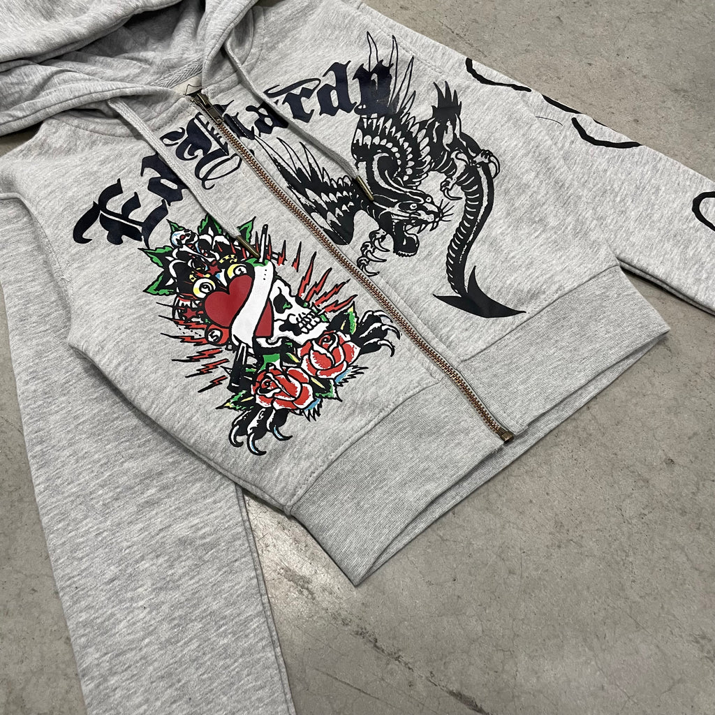 ED HARDY “Heart Roses” GREY CROPPED ZIP UP HOODIE