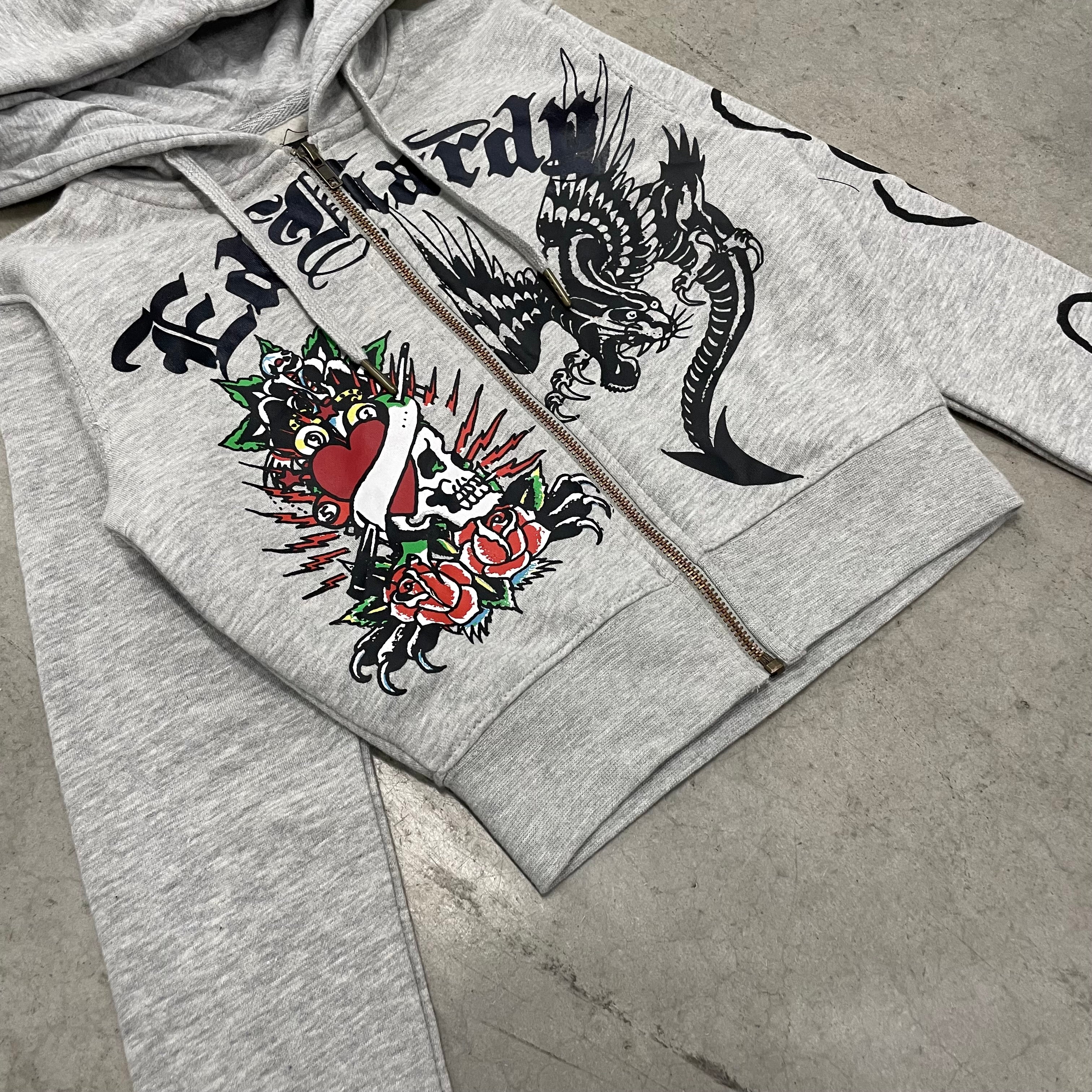 ED HARDY “Heart Roses” GREY CROPPED ZIP UP HOODIE