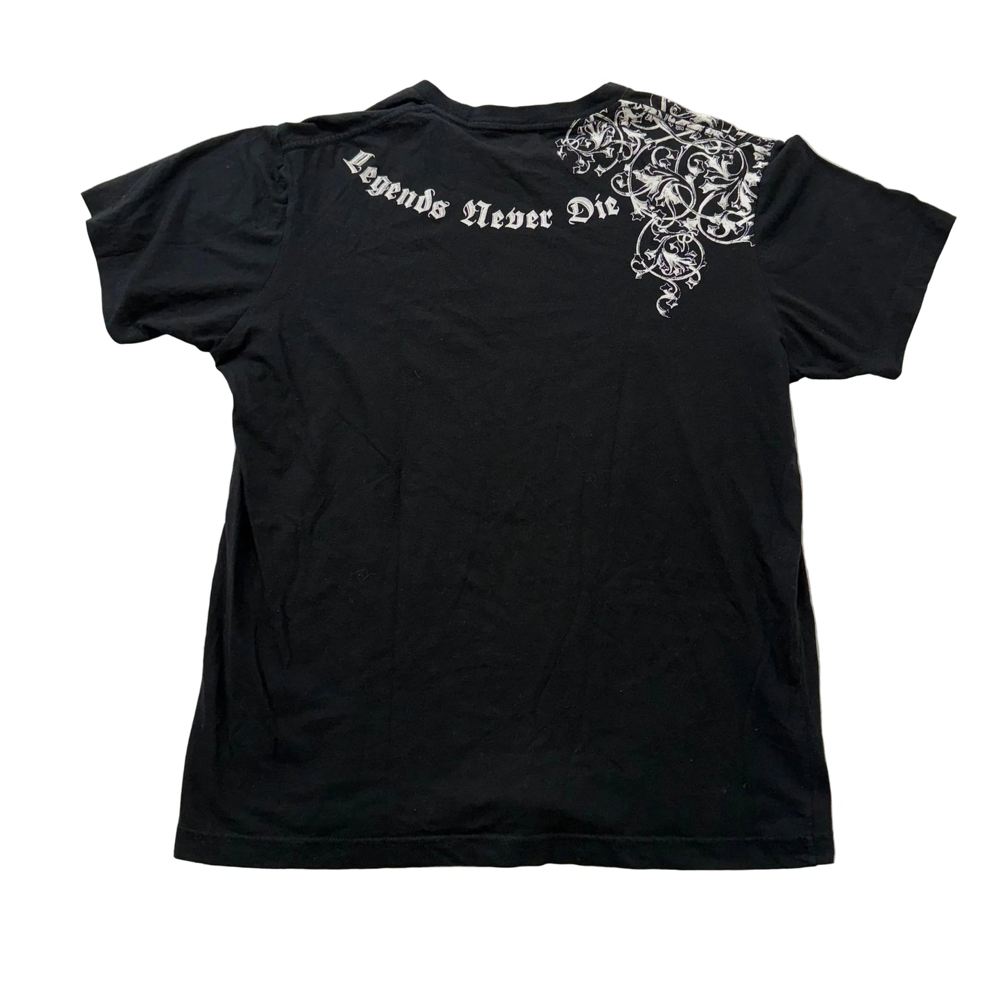 Guess Jeans Black Graphic T-Shirt “Legends Never Die” Gothic Print Size L