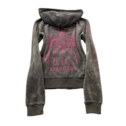 Juicy Couture Womens Grey Velour Zip-Up Hoodie Pockets Rhinestone Graphic Size M