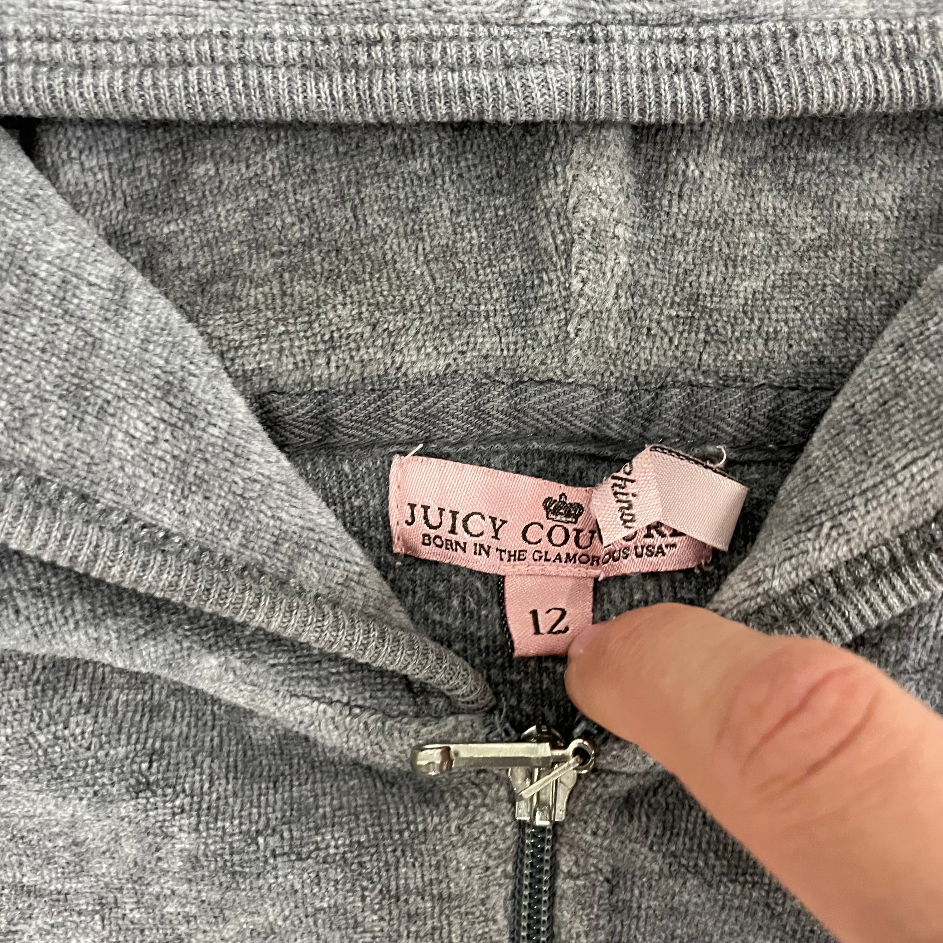 Vintage Juicy Couture Back Design grey velour zip up hoodie size 12