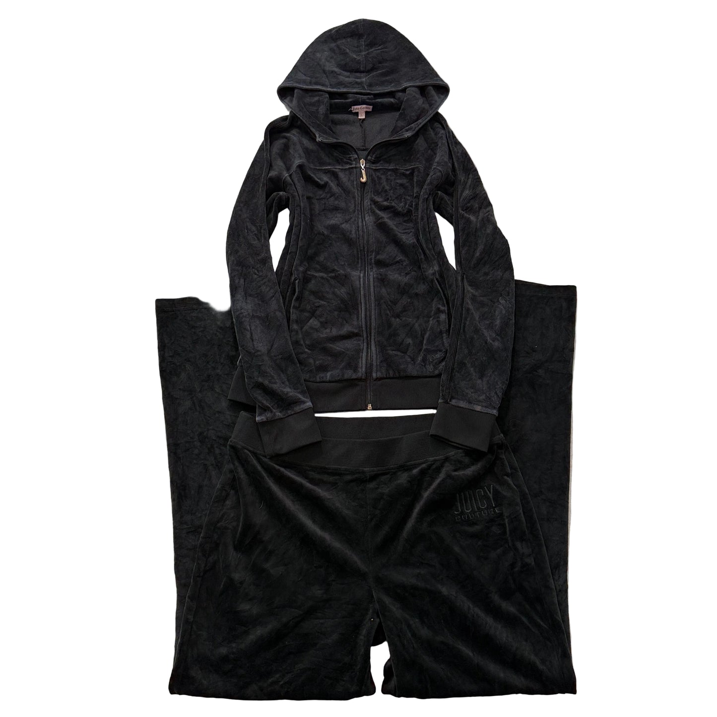Juicy Couture Women's Black Velour Tracksuit Set Hoodie & Pant Pockets Size L