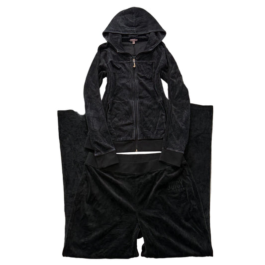 Juicy Couture Women's Black Velour Tracksuit Set Hoodie & Pant Pockets Size L