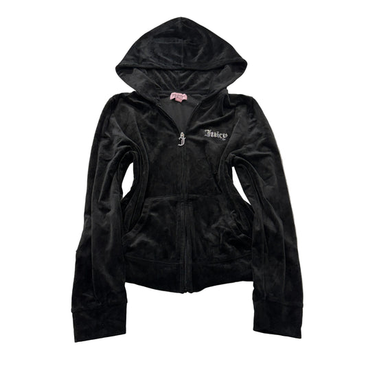 Juicy Couture Women's Black Velour Zip-Up Hoodie Pockets Rhinestone Logo Size XL