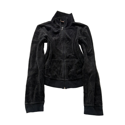 Vintage Juicy Couture Women's Black Velour Zip-Up Track Jacket Pockets Size L