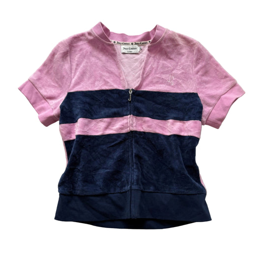 Juicy Couture Women's Pink Blue Striped Velour Blouse Top Full Zip Short Sleeve