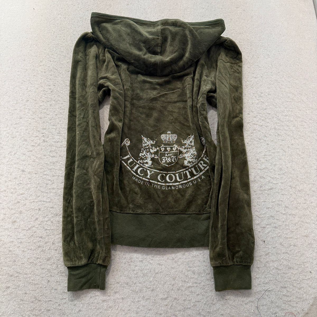 Vintage Juicy Couture Scottie Dogs Women Olive Green Velour Zip-Up Hoodie Size L