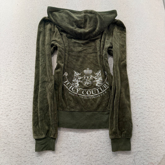 Vintage Juicy Couture Scottie Dogs Women Olive Green Velour Zip-Up Hoodie Size L