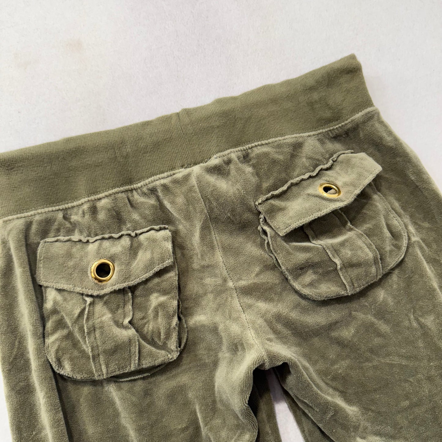 Vintage Juicy Couture Women's Olive Green Velour Flared Track Pant Pocket Size S