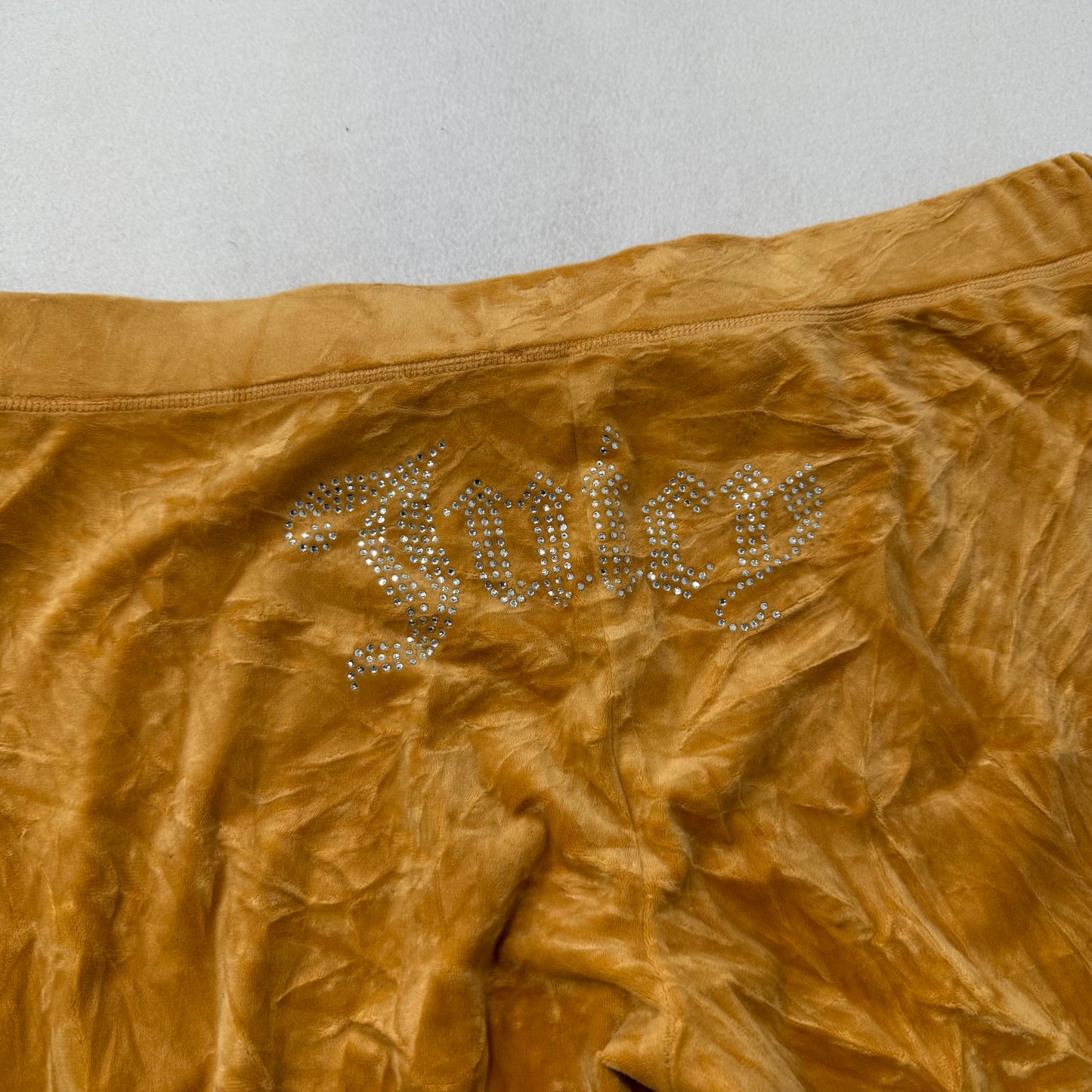 Juicy Couture Women Yellow Iris Velour Flared Track Pant Rhinestones Logo Size L