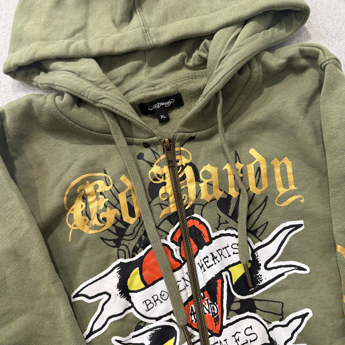Ed Hardy Broken Hearts Cropped Zip Up Hoodie Olive Size S photo 3