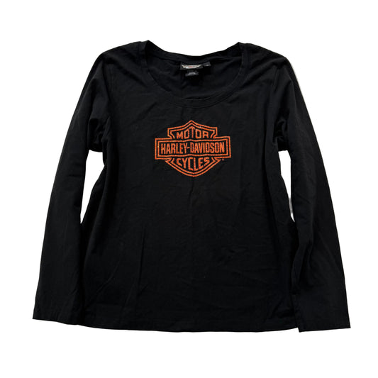 Harley-Davidson Women Black T-Shirt Long Sleeve Crewneck Rhinestone Logo Size 1W