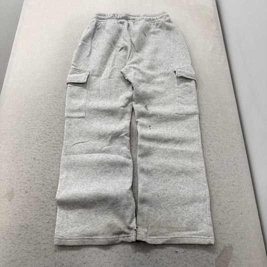 No Comment Men's Grey Fleece Cargo Sweatpants Drawstring Pockets Wide Leg Size L