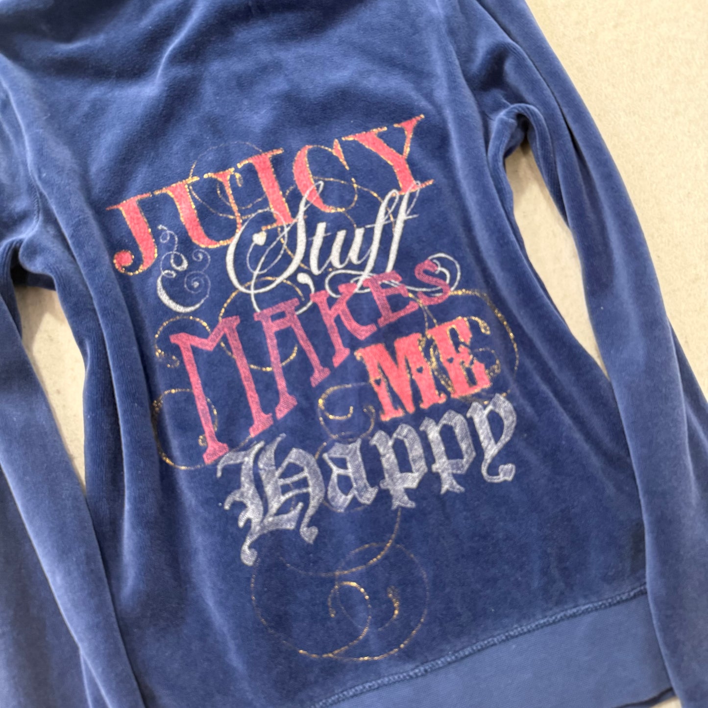 Juicy Couture Women Navy Velour Juicy Stuff Make Me Happy Graphic Hoodie Size 12