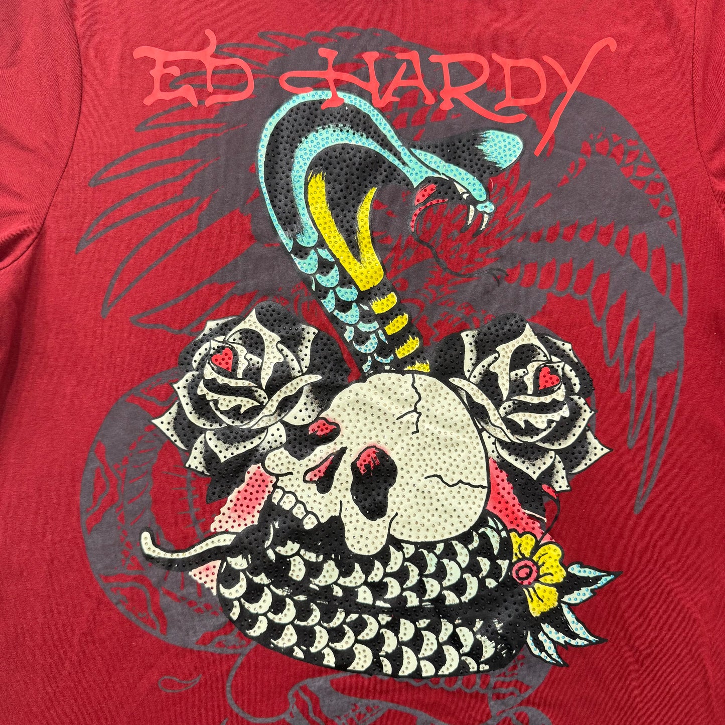 Ed Hardy Skull Snake Men's Red Cotton T-Shirt Short Sleeves Graphic Tee Size L
