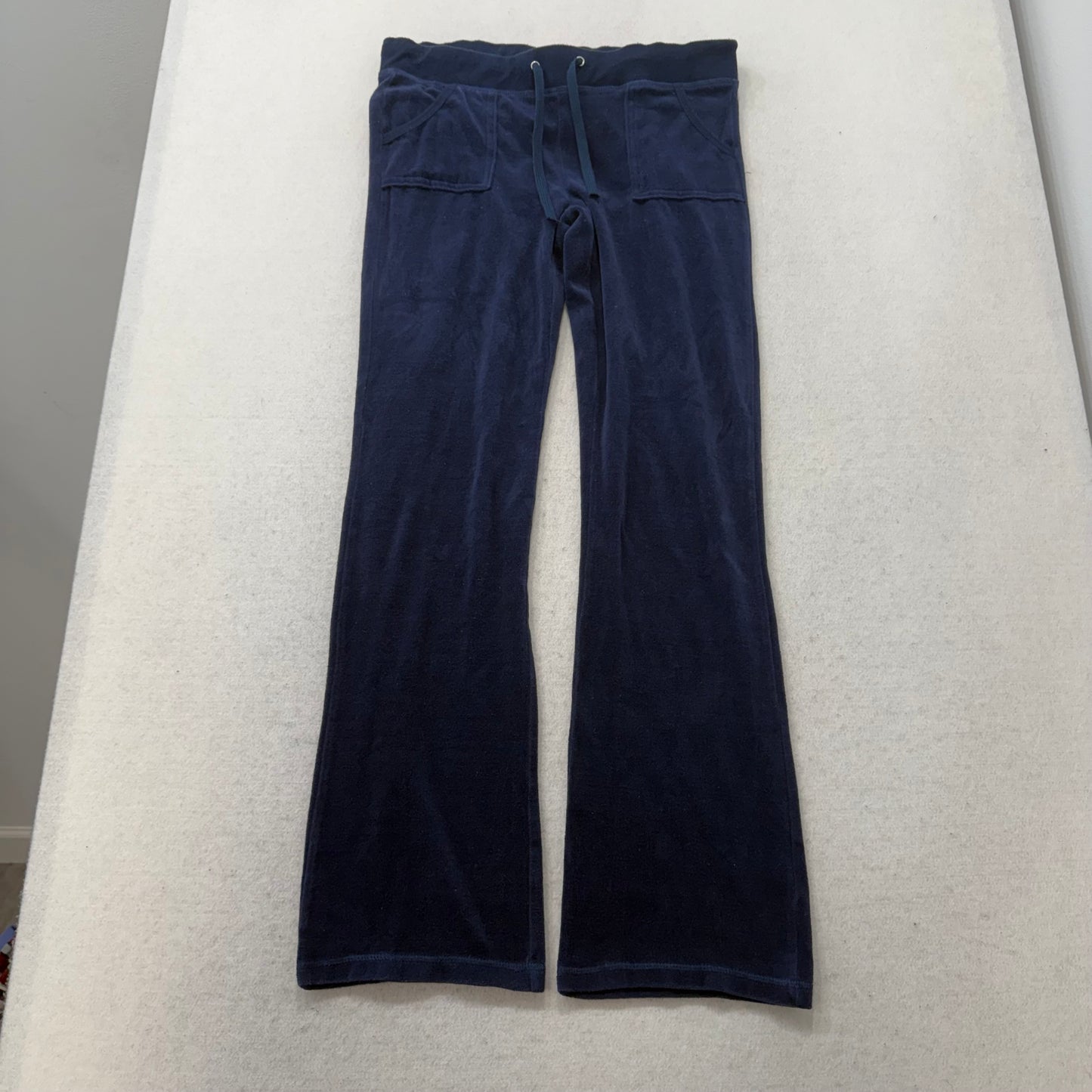 Juicy Couture Women's Navy Velour Flared Track Pant Back Flap Pockets Size M