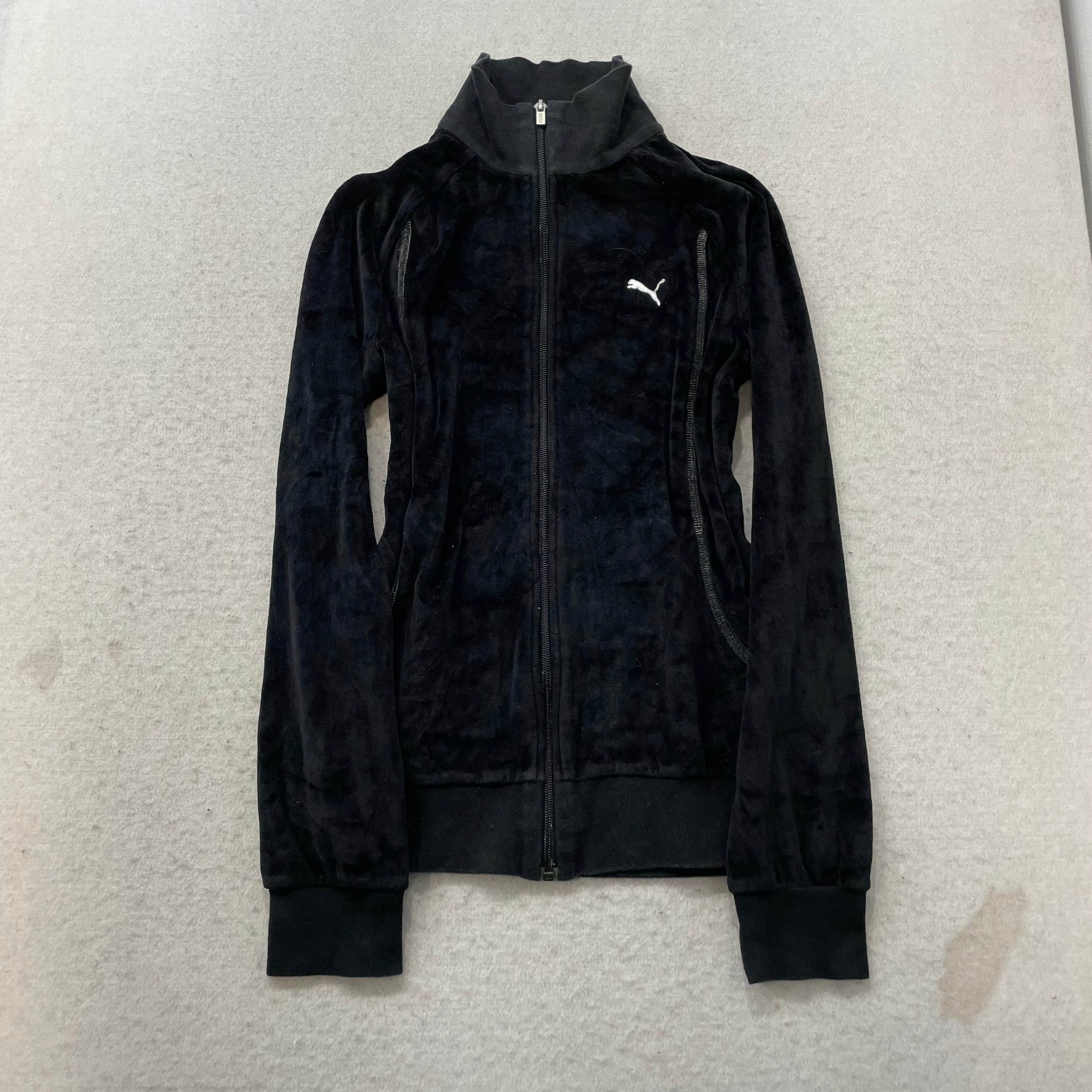 Puma Women's Black Velour Zip-Up Track Jacket Mock Neck Embroidered Logo Size S