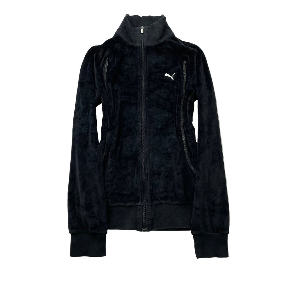 Puma Women's Black Velour Zip-Up Track Jacket Mock Neck Embroidered Logo Size S