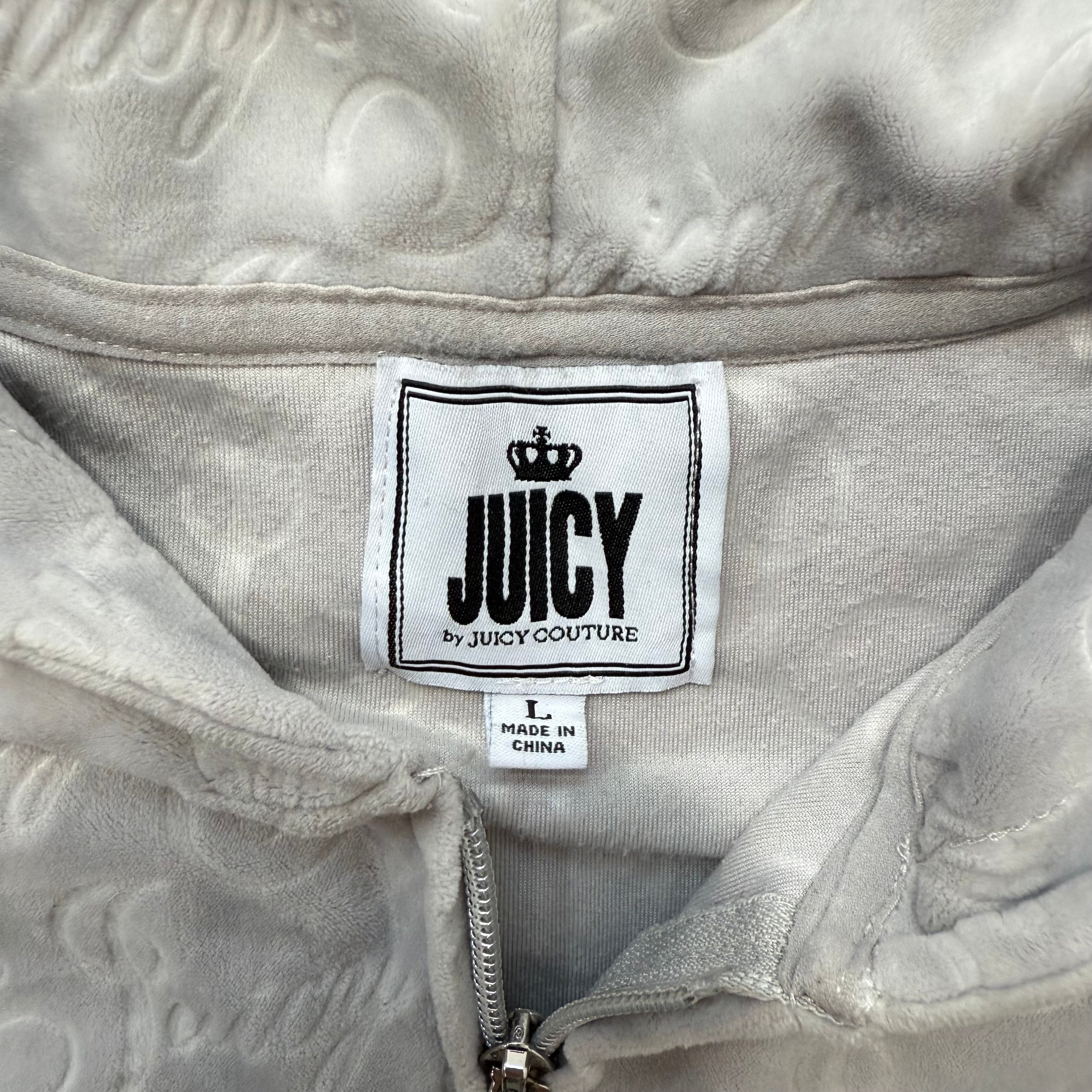 Vintage Juicy Couture Women's Gray Velour Full Zip Hoodie Juicy Embossed Size L