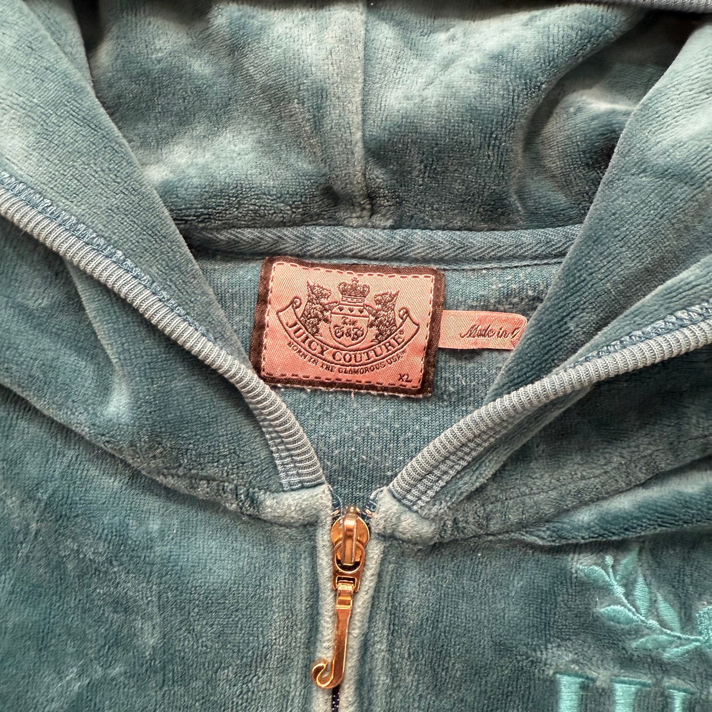 Juicy Couture Women's Dark Teal Velour Zip Up Hoodie Embroidered Logo Size XL