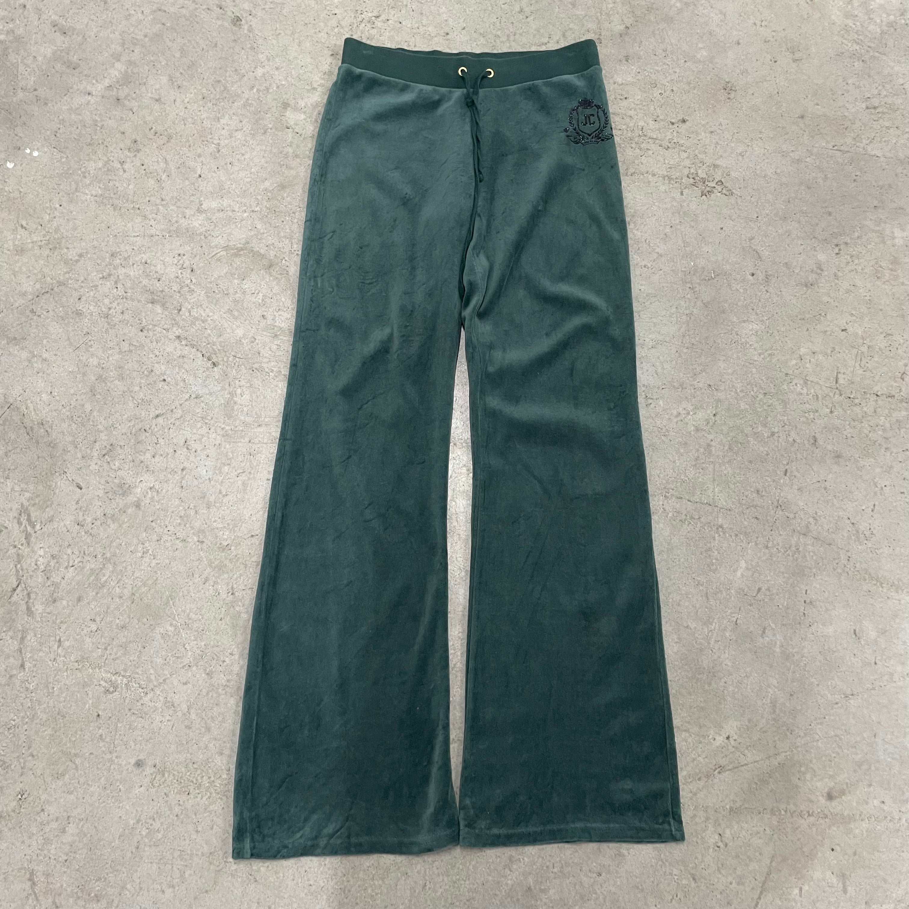 Vintage Juicy Couture Dark Green Velour Crest Logo Pants Size S