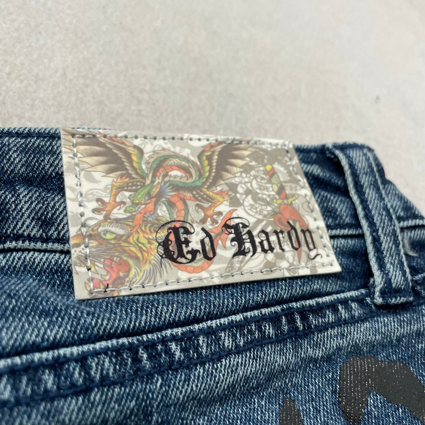 Ed Hardy Women's Blue Tiger Flame Graphic Flare Denim Jeans Y2K Tattoo Print