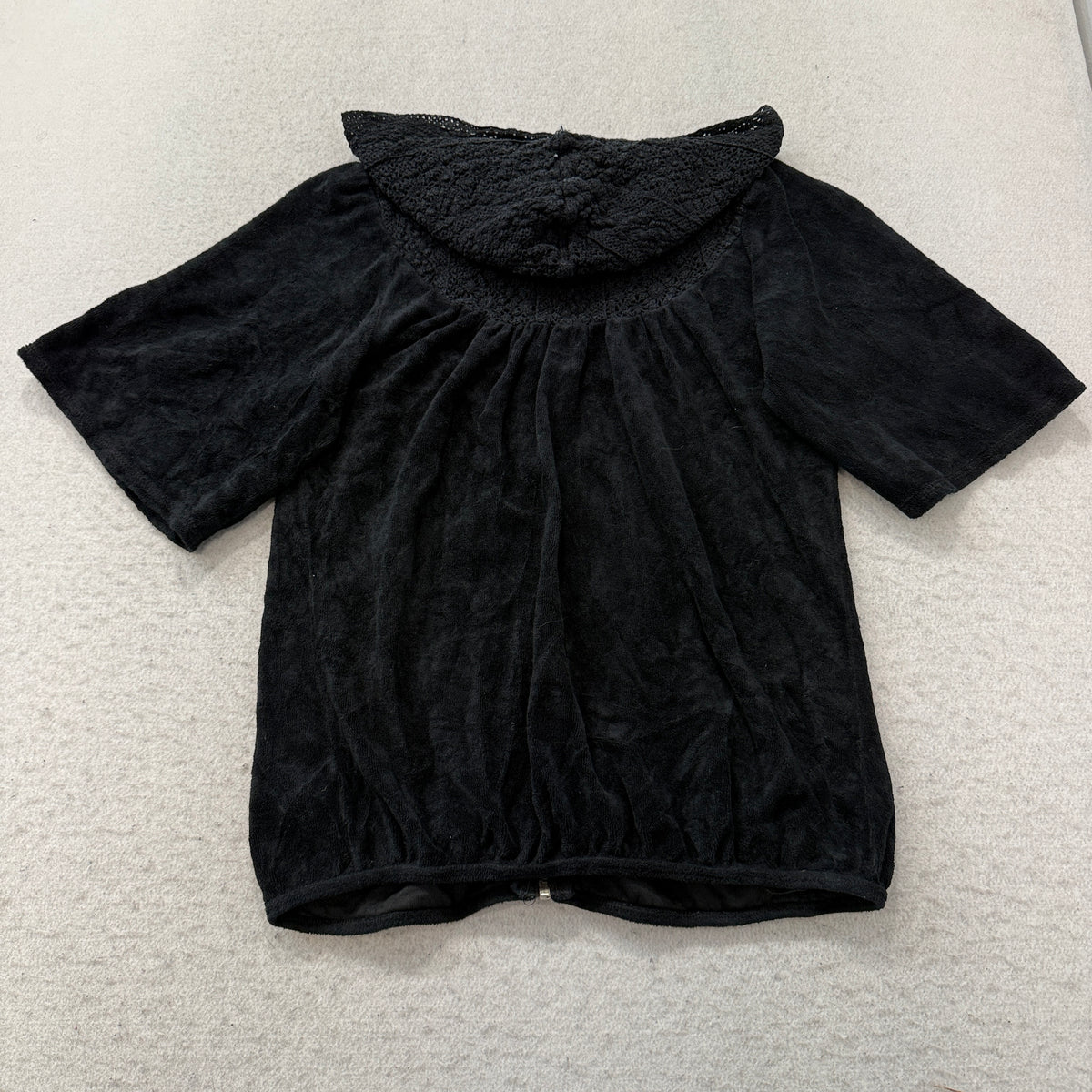 Juicy Couture Women's Black Velour Half Sleeve Zip-Up Hoodie Pockets Size S