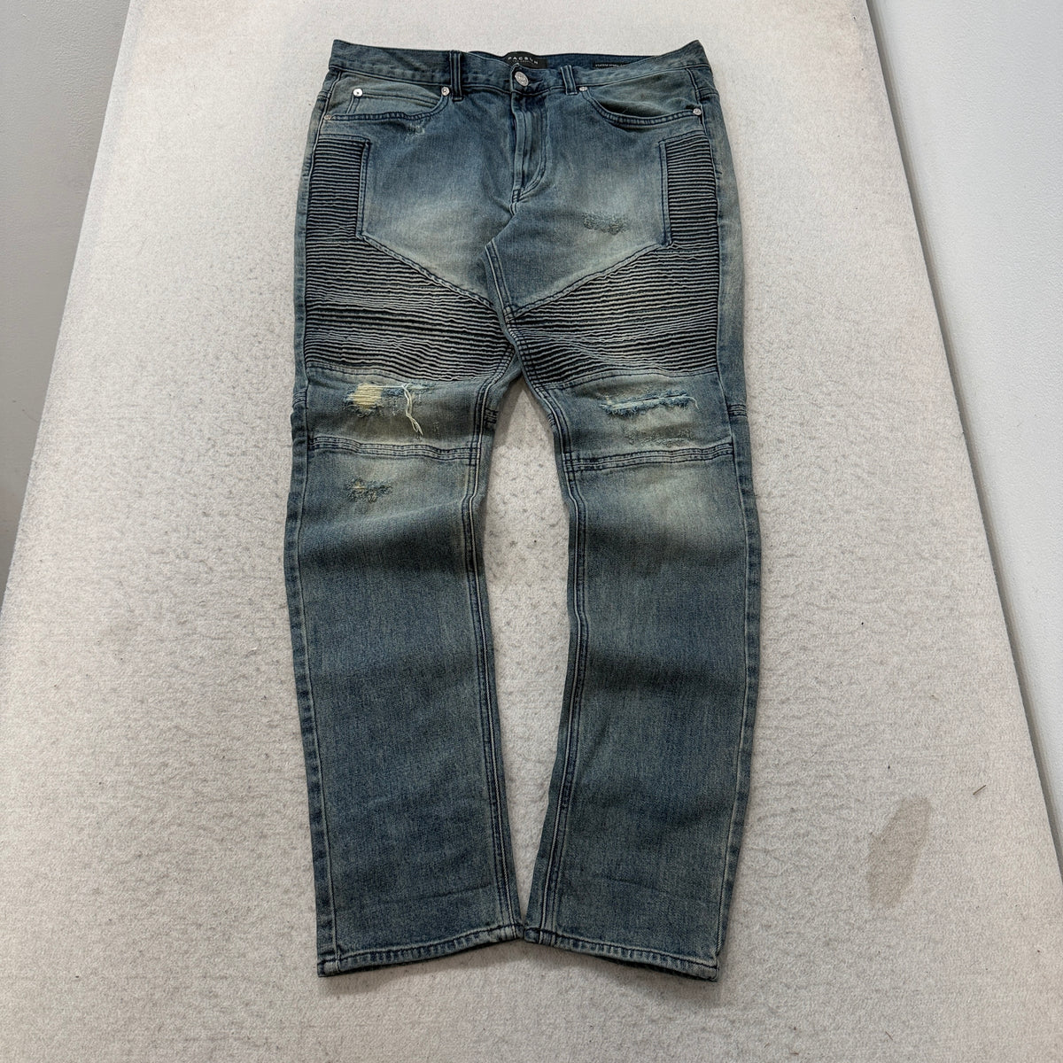 PacSun Stacked Skinny Moto Jeans Men's Blue Light Wash Ribbed Knee Size 34x32 photo 1