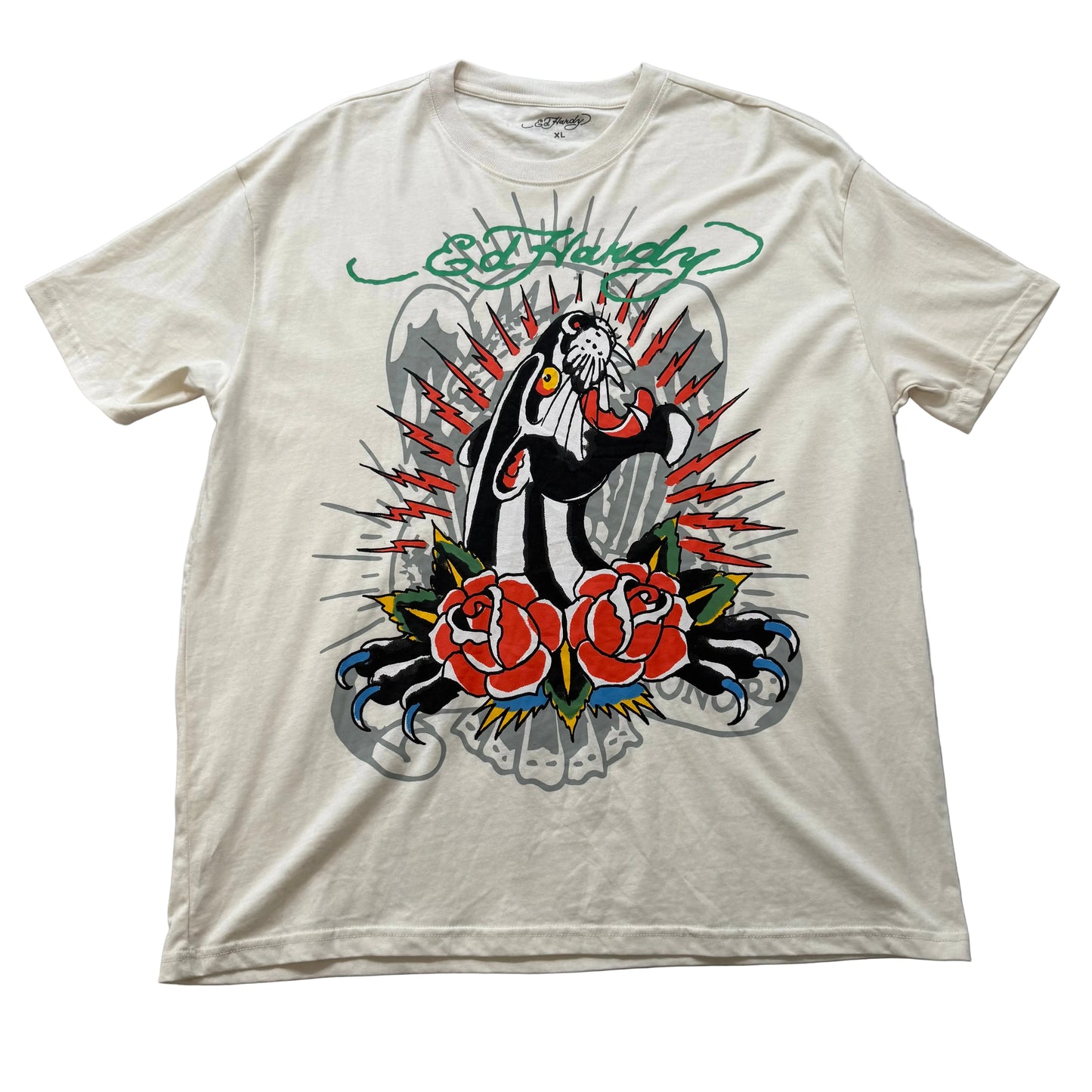 Ed Hardy Men White Cotton T-Shirt Short Sleeve Black Panther Graphic Tee Size XL