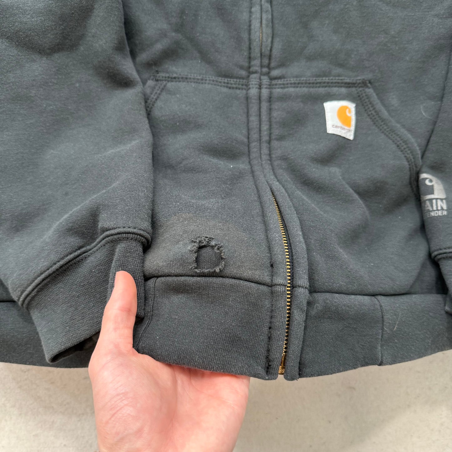 Carhartt Men's Black Cotton Full Zip Hoodie Split Kangaroo Pockets Logo Size XL